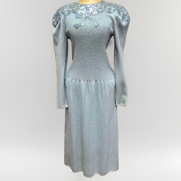 VTG Pat Sandler Wellmore Knit Dress Bow Sequins Blue Long Sheath Midi 6 Dynasty - Picture 1 of 12